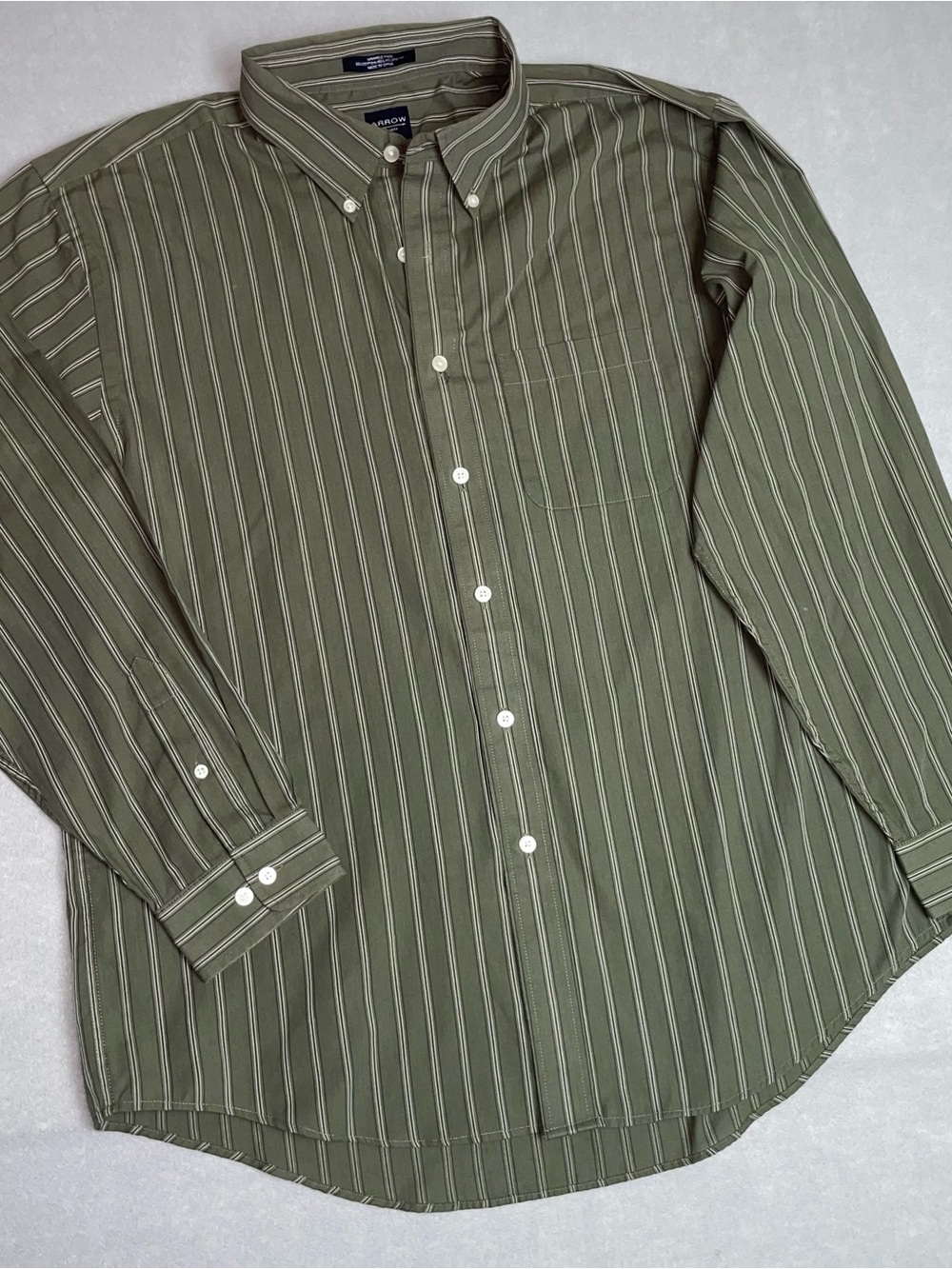 Arrow Olive Green Striped Button-Down Shirt Large 16-16 1/2
